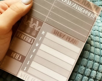 May include: A weekly academic planner in brown and white. It has sections for due dates, class assignments, priorities, notes, and a study plan. The planner also has a section for the week of the month.