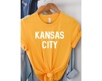 Kansas City Shirt, Unisex Shirts, Kansas City Graphic Tees, Gold Jersey Tee, Gold Unisex Shirt, BELLA + CANVAS 3001 GOLD, Kansas City Tee