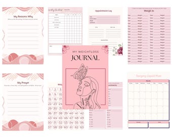 May include: A collection of pink and white printable journal pages. The pages include a weekly checklist, appointment log, weigh-in tracker, and a surgery liquid plan. The central page is a weight loss journal with a butterfly illustration.