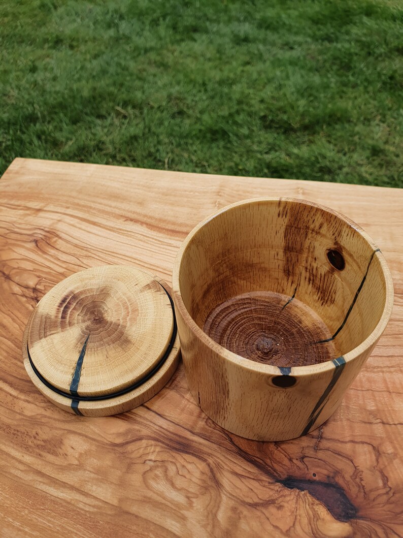 Inlaid With BlueGreen Resin Hand-Turned Royal Oak Wood Pot