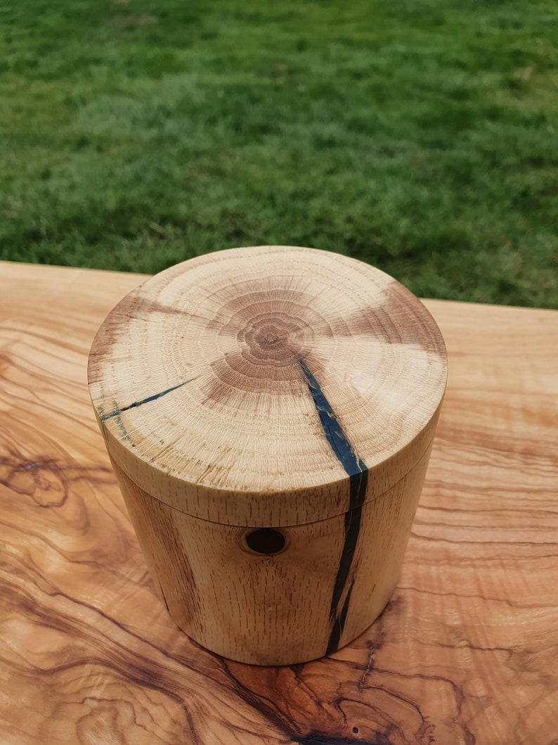 Inlaid With BlueGreen Resin Hand-Turned Royal Oak Wood Pot