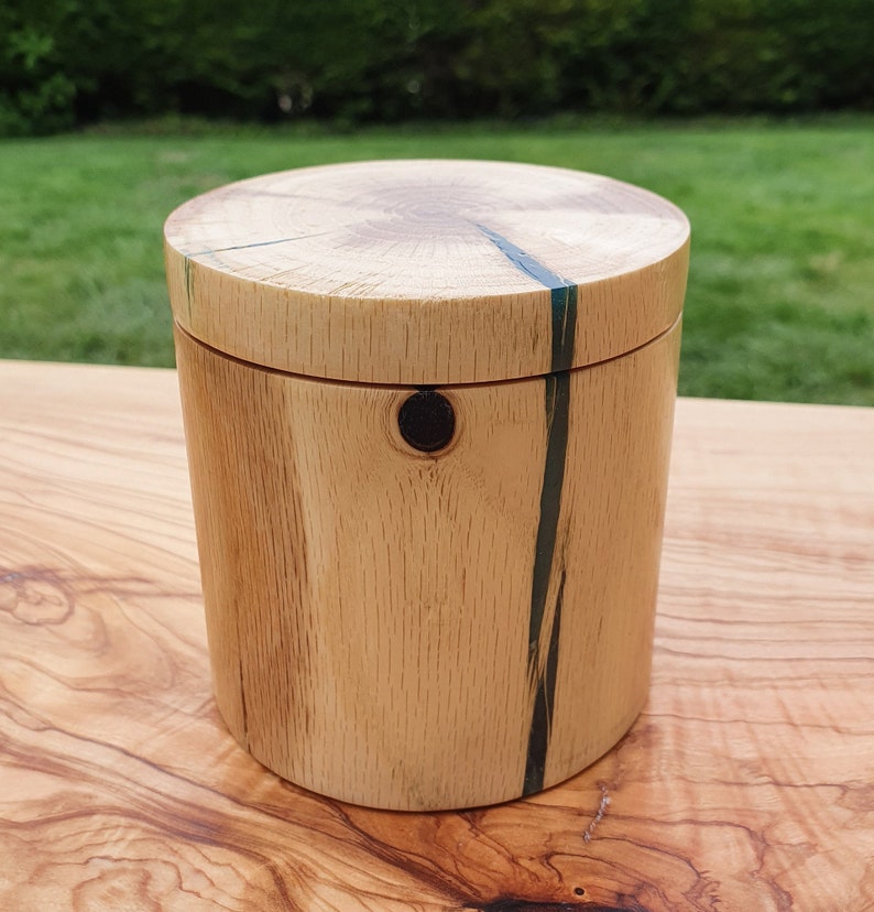 Inlaid With BlueGreen Resin Hand-Turned Royal Oak Wood Pot