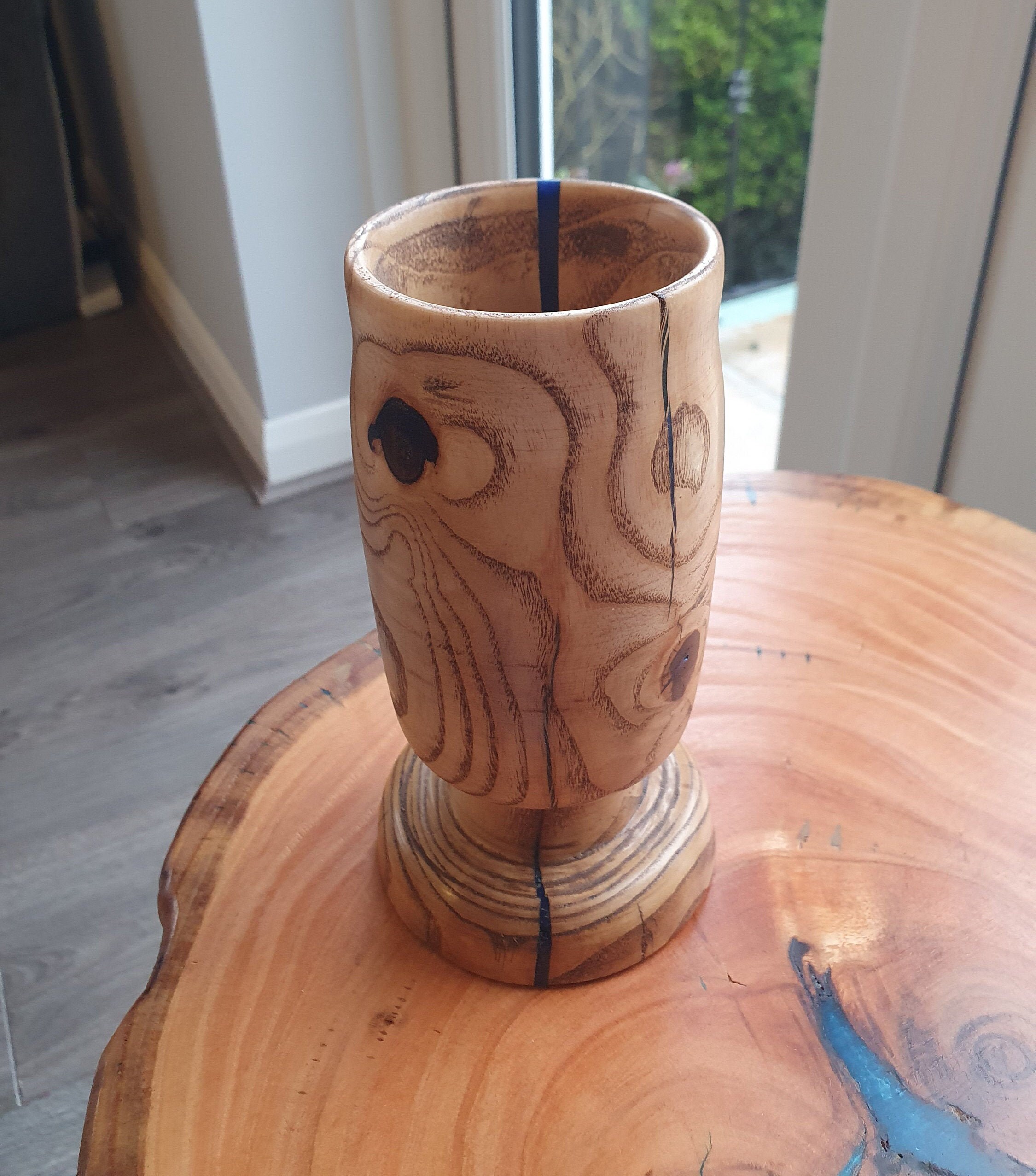 Inlaid With BlueGreen Resin Hand-Turned Royal Oak Wood Pot