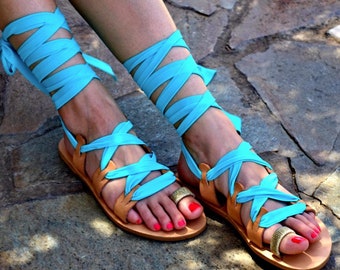 Milos / Turquoise Blue Sandals / Lace up Gladiator Sandals / Flat Greek Leather Sandals / Beach wedding