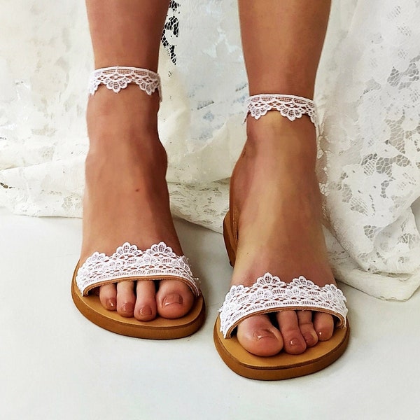 Hera / Fait main sur commande / sandales de mariage en dentelle pour mariée / Sandales en cuir nuptiale
