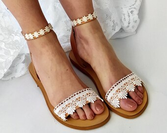 Galene / Beach wedding sandals for bride / Flat bridal leather sandals