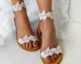Diana / Lace wedding sandals for bride / Flat bridal leather sandals
