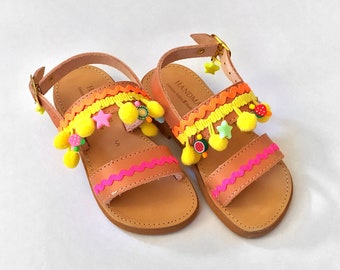 Pineapple / Pom pom girl boho sandals / Childrens leather sandals / greek sandals