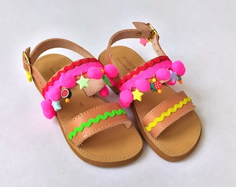 Strawberry / Colorful girl boho sandals / Childrens leather sandals / greek sandals