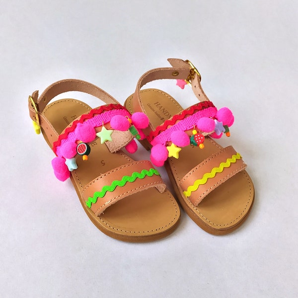 Strawberry / Colorful girl boho sandals / Childrens leather sandals / greek sandals