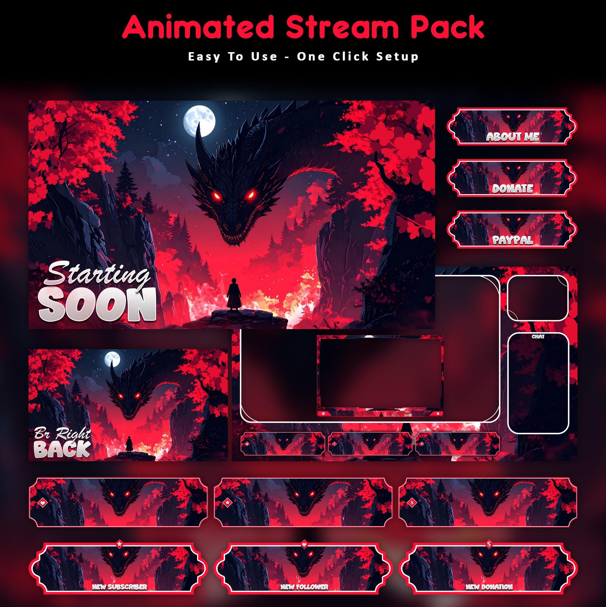 Inferno Dragon Animated Stream Package: For Twitch Overlay, YouTube, Kick | Dragon Overlays - animated preview
