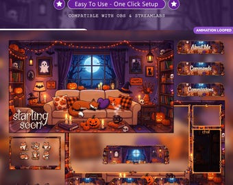 Cozy Fox Halloween Twitch Overlay Pack Animated | Kawaii Gaming Room Stream Bundle | Purple Spooky Screens Panels Alerts