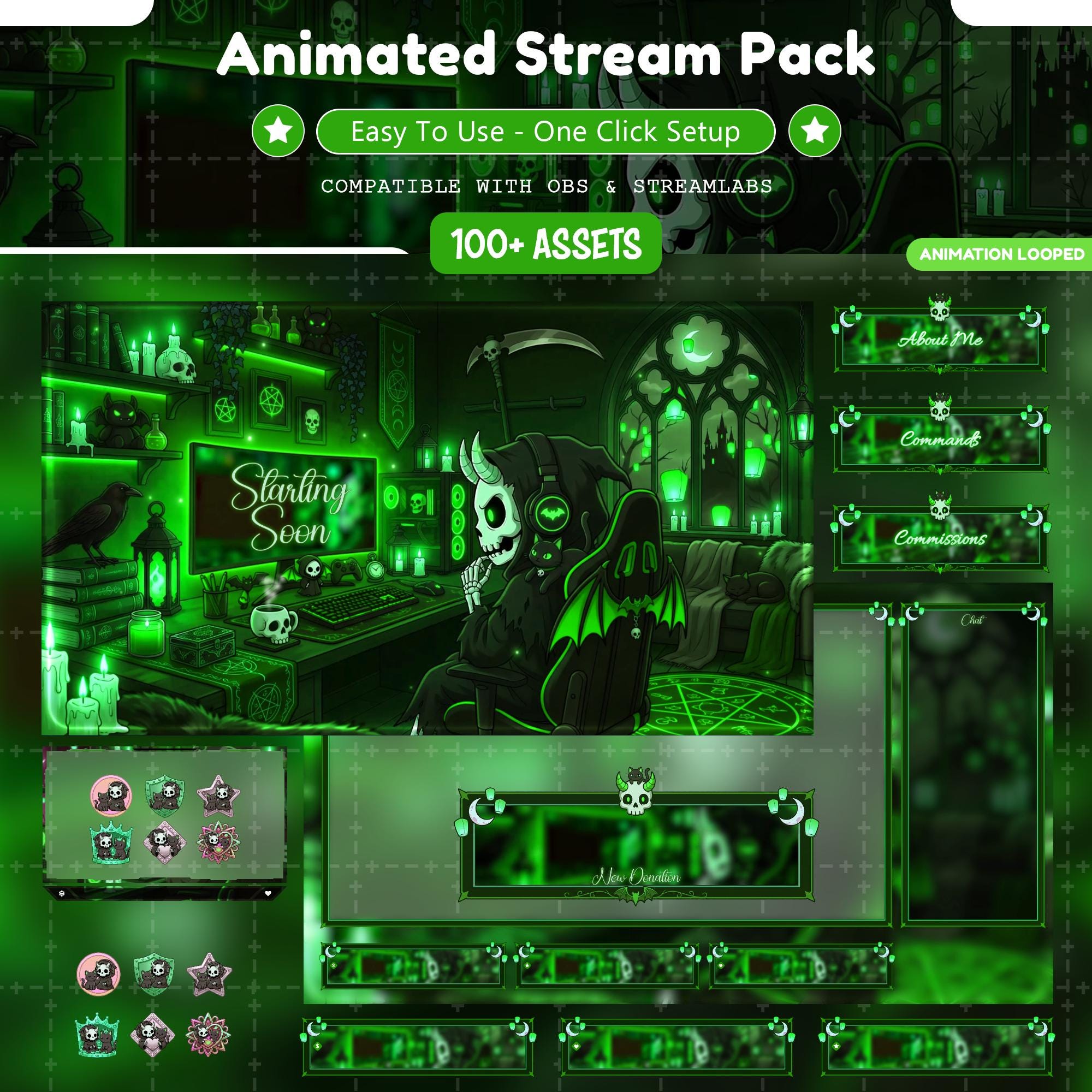 Gothic Grim Reaper Animated Stream Overlay Package, Green Spooky Cozy Overlay, Horror Halloween Stream Screens, OBS VTuber Youtube - animated reaper Twitch stream overlay pack cover