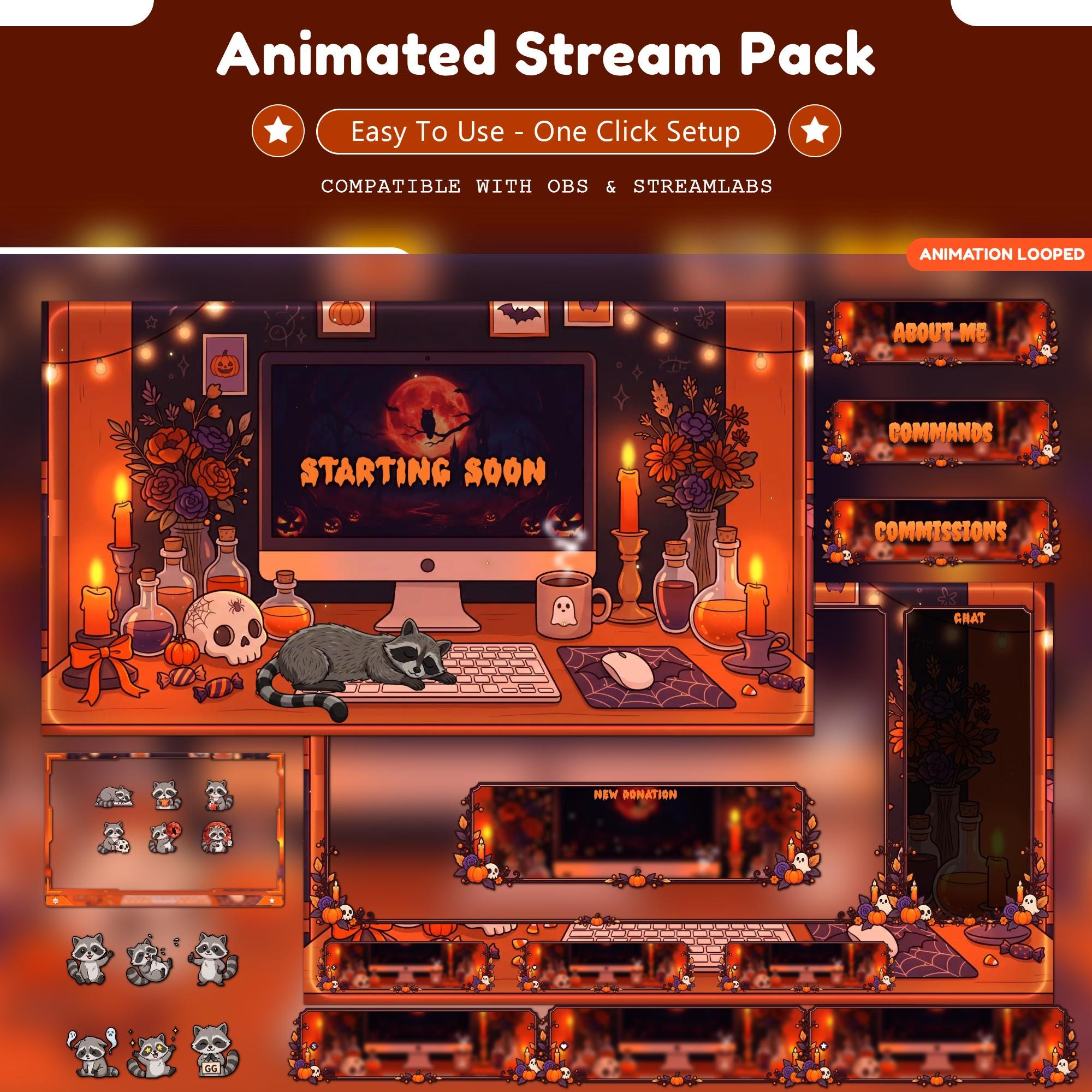 Animated Halloween Stream Overlay Pack | Cozy Raccoon Twitch Overlay Bundle | Spooky Pumpkin Ghost Panels Emotes | VTuber OBS | Youtube - animated preview
