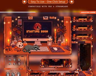 Animated Halloween Stream Overlay Pack | Cozy Raccoon Twitch Overlay Bundle | Spooky Pumpkin Ghost Panels Emotes | VTuber OBS  | Youtube
