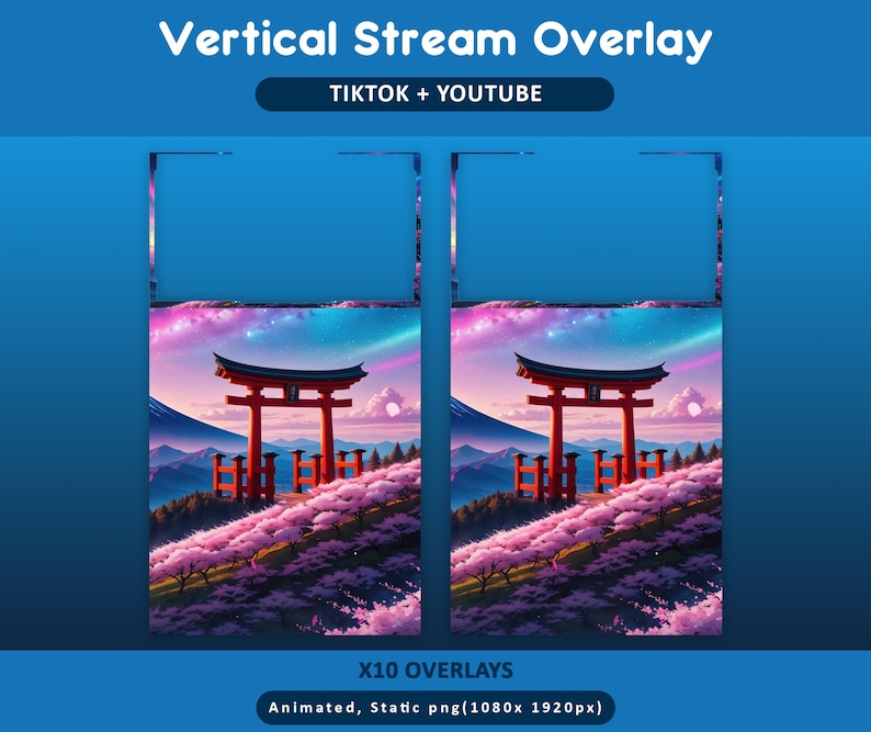 Puede incluir: Dise&ntilde;o de superposici&oacute;n de transmisi&oacute;n vertical para TikTok y YouTube. El dise&ntilde;o presenta una puerta torii japonesa, flores de cerezo y un cielo colorido. El texto "Vertical Stream Overlay" y "TIKTOK + YOUTUBE" se muestra en la parte superior. La imagen est&aacute; etiquetada como "X10 OVERLAYS".
