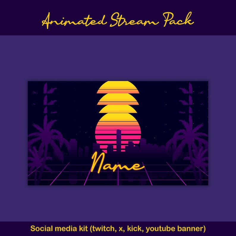 Sunset Synthwave Animated Stream-paket: För Twitch Overlay, YouTube, Kick, Facecam, Alerts, Retro Overlay bild 8