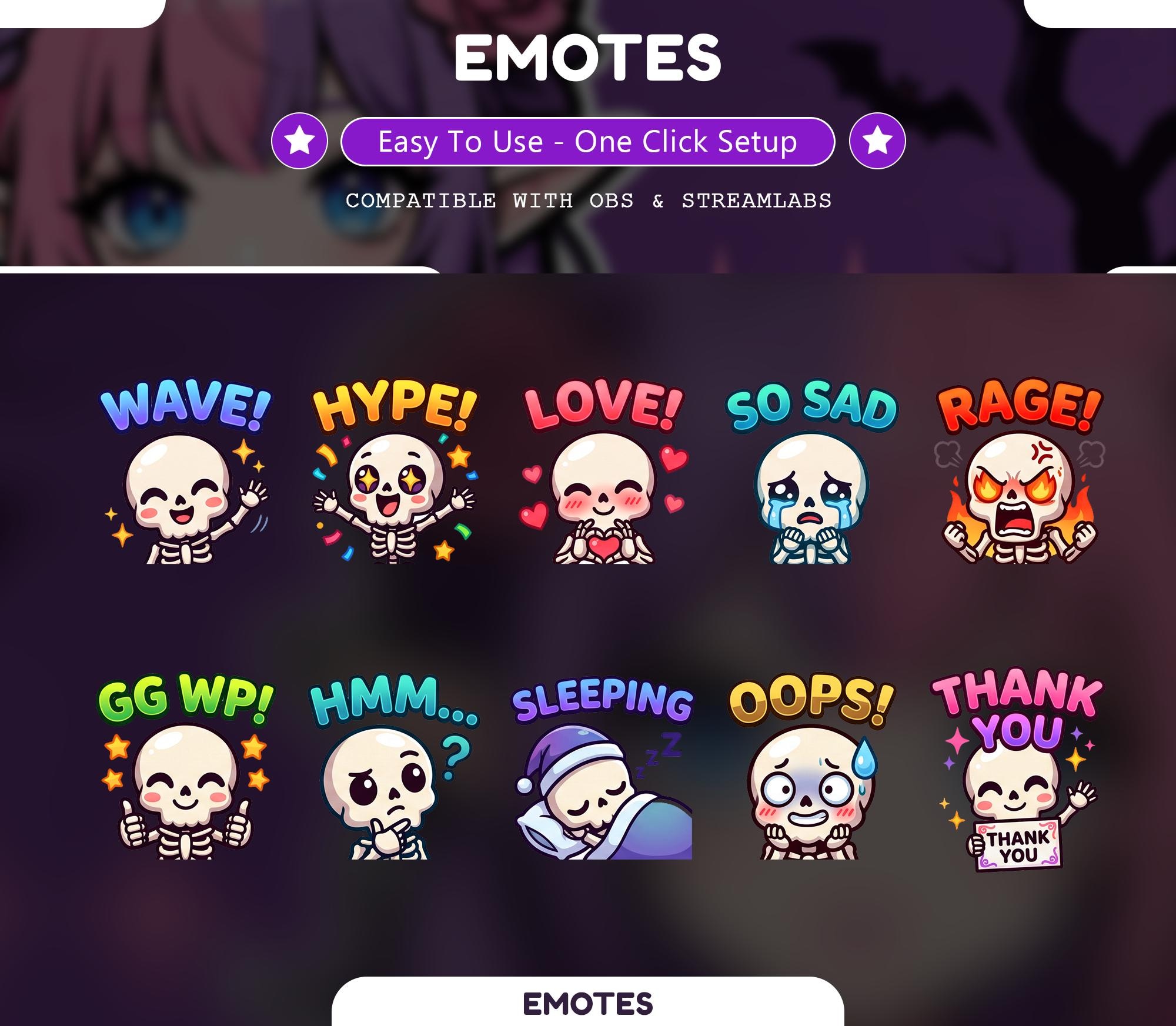 10 Cute Skull Text Emotes, Twitch Emotes, Skull Chat Emotes for Streamers, Discord Emotes, Chibi Skeleton Emote Pack - animated stream Twitch stream overlay pack cover