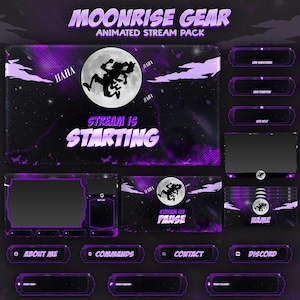 Peut inclure: Un pack de stream animé violet et noir intitulé "Moonrise Gear". Le pack comprend divers éléments de superposition avec un graphique de lune et de silhouette. Le texte comprend "Stream is Starting", "Stream on Pause" et des boutons de médias sociaux.