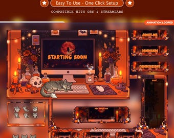 Animated Halloween Stream Overlay Pack | Cozy Wolf Twitch Overlay Bundle | Spooky Pumpkin Ghost Panels Emotes | VTuber OBS  | Youtube, Kick