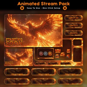 Peut inclure: Pack de stream animé avec un design de phénix flamboyant. Comprend des superpositions animées pour "Starting Soon" et "Be Right Back", ainsi que des boutons "About Me", "Contact" et "Donate". Avec chat et alertes.