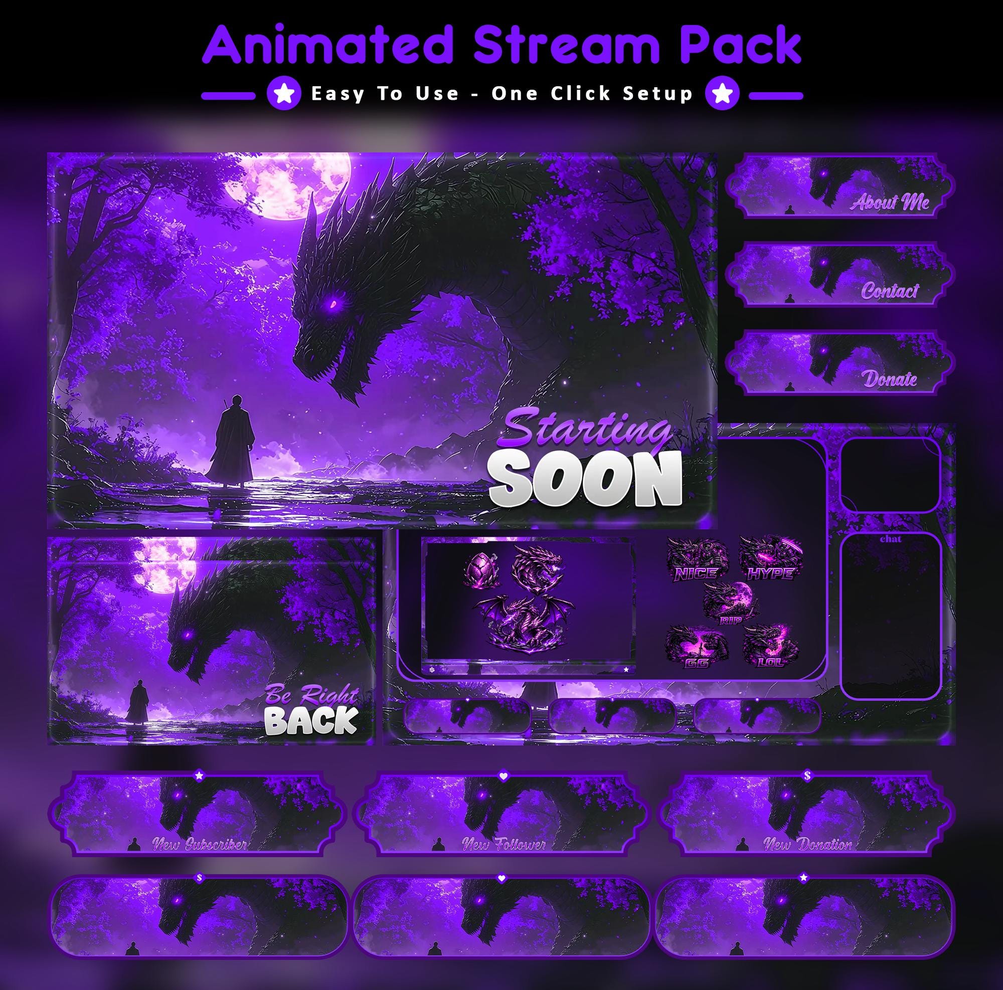 Violet Night Dragon Animated Stream Package: For Twitch Overlay, YouTube, Kick | Dragon Overlays - animated preview