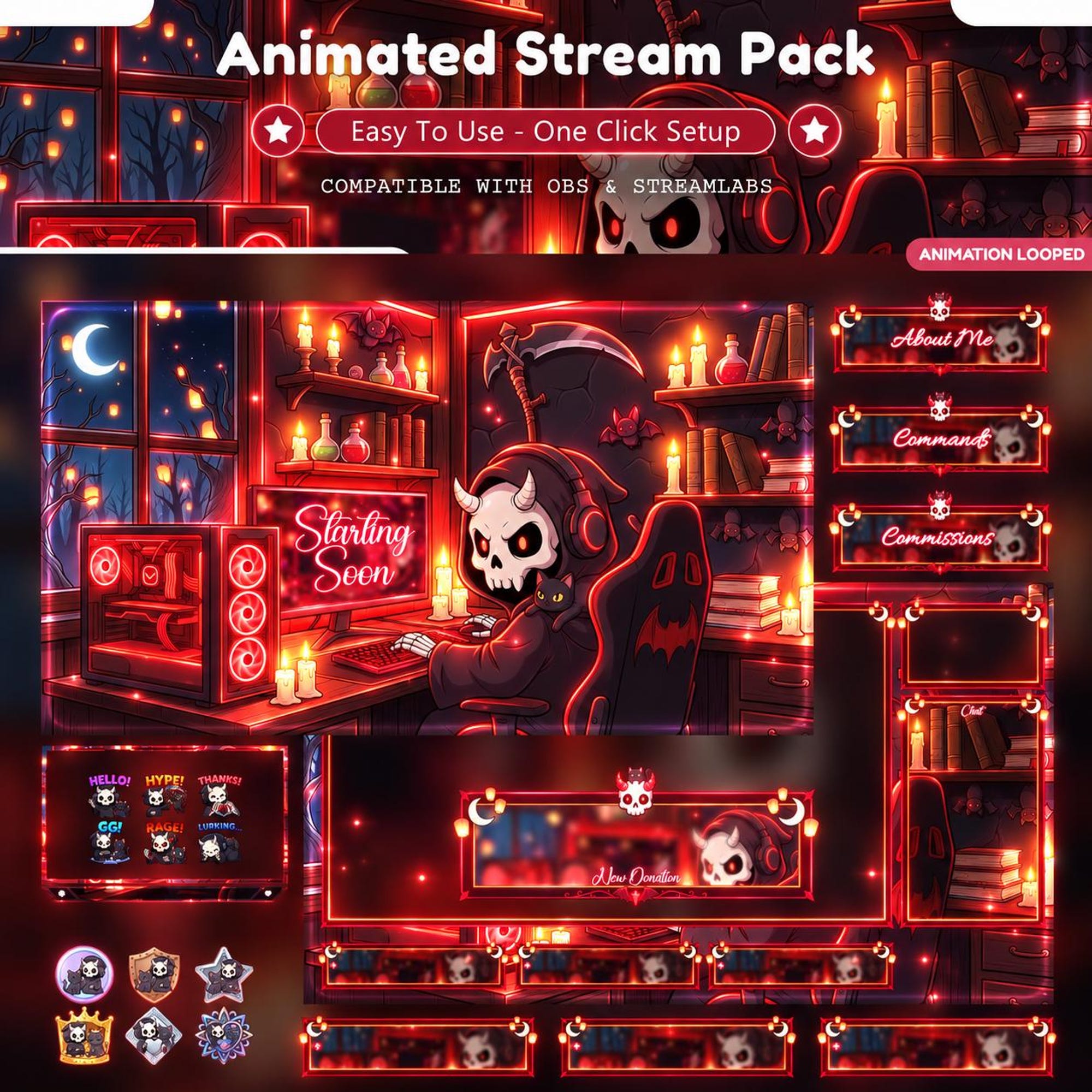 Gothic Grim Reaper Streamer Package, Neon Red Animated Stream Overlay Pack, Spooky Chibi Emotes, Halloween/OBS VTuber Background Youtube - animated reaper Twitch stream overlay pack cover
