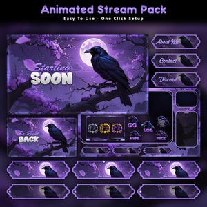 以下が含まれることがあります： 紫と黒をテーマにしたデジタルアニメーションストリームパック。このパックには、「Starting Soon」画面、「Be Right Back」画面、「About Me」、「Contact」、「Discord」のパネルなど、さまざまなオーバーレイ要素が含まれています。デザインはカラス、満月、桜の花を特徴としています。