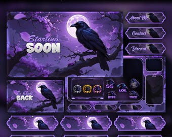 Moonlight Raven Animated Stream Package: For Twitch Overlay, YouTube, Kick | Crow twitch overlays