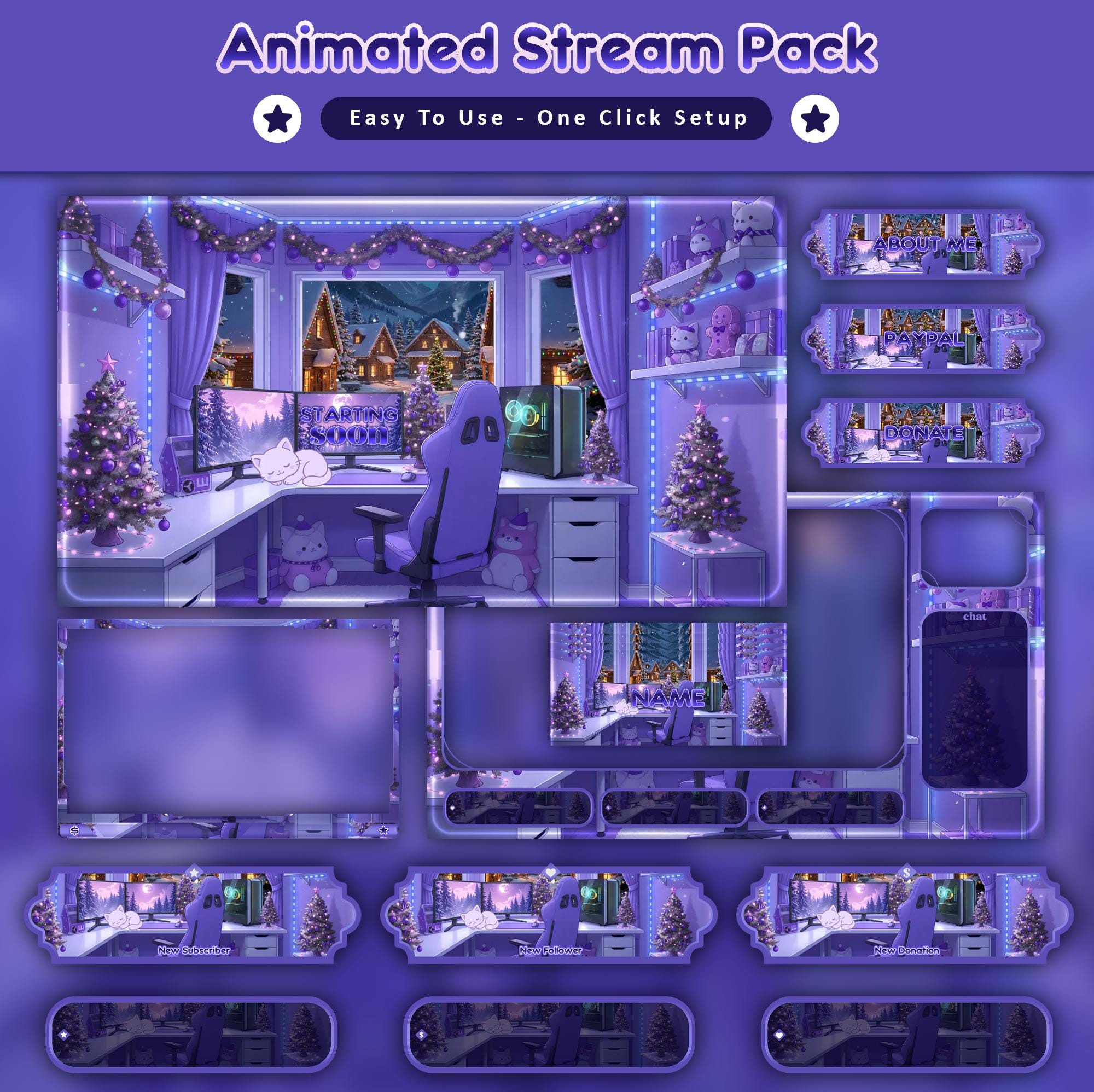 Cozy Christmas Cat Animated Stream Package: For Twitch Overlay, YouTube, Kick, Christmas Snow Overlays - animated preview