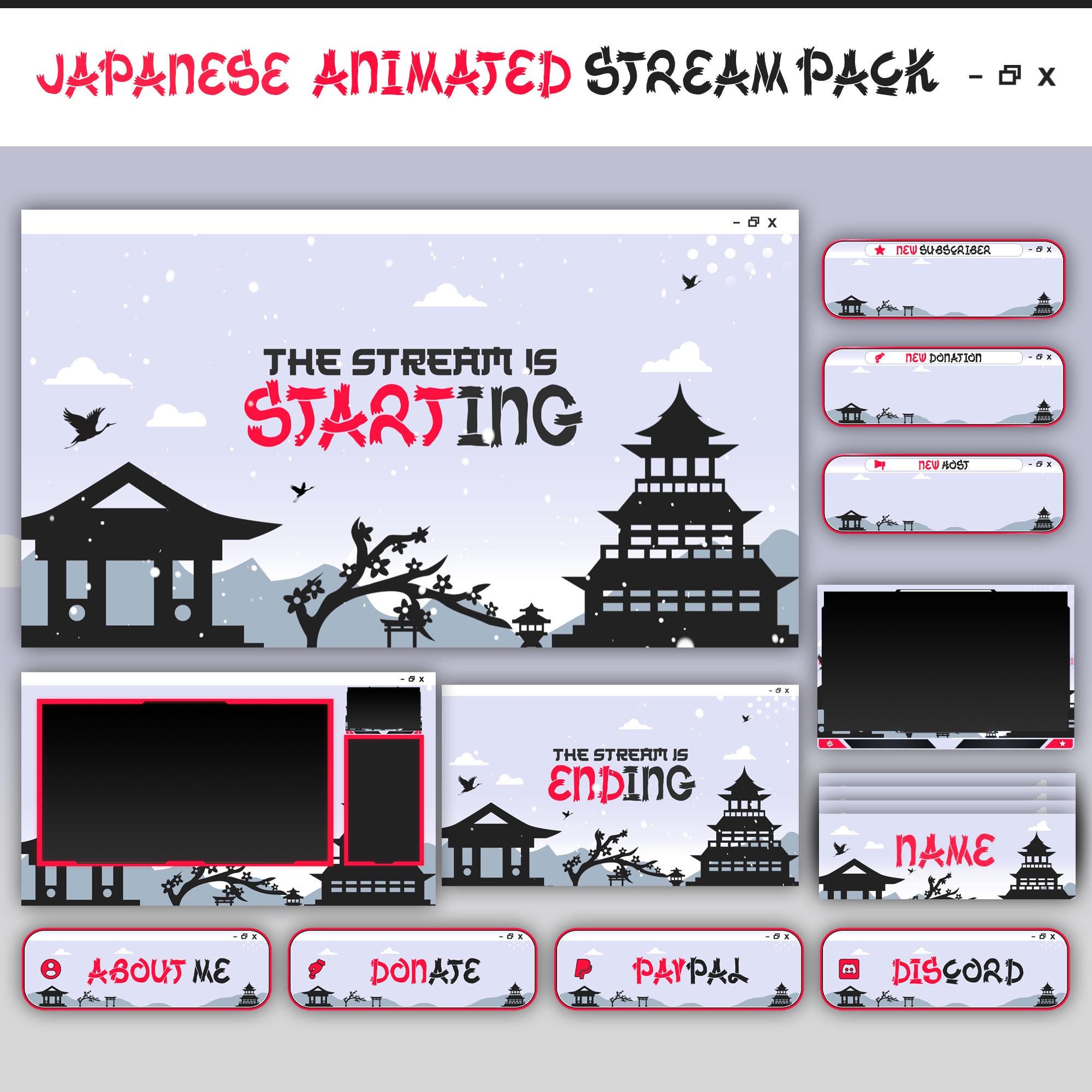 Japanese Animated Stream Package: For Twitch Overlay, YouTube, Kick | Facecam, Panels, Alerts, Stream Overlays - animated preview