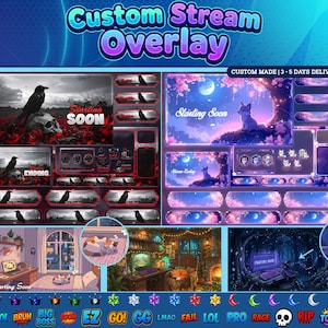 May include: Custom stream overlay design with various themes. The design includes a dark theme with a raven, skull, and the text "Starting Soon" and "Ending". A second theme features a fox under a tree with the text "Starting Soon". Additional elements include animated icons.