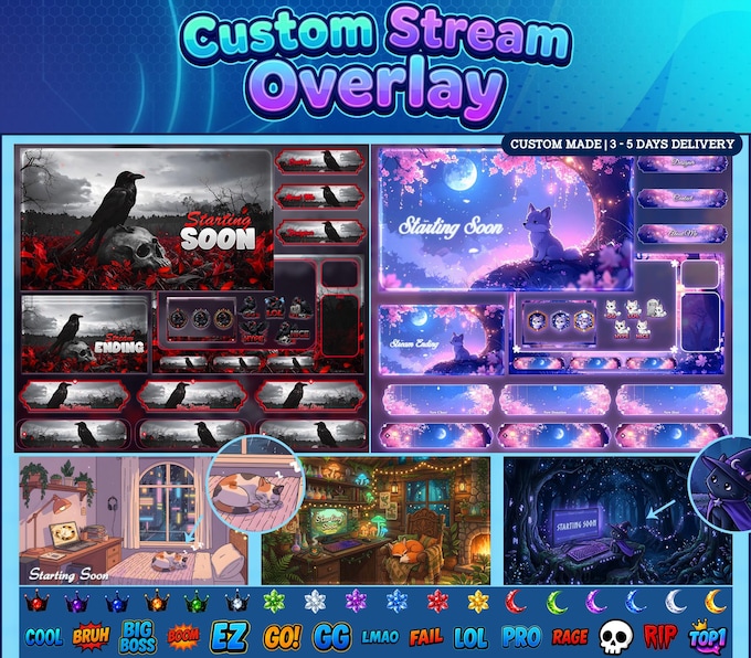 Custom commission overlay screen 1 - animated Twitch stream package by VectorKingStudio