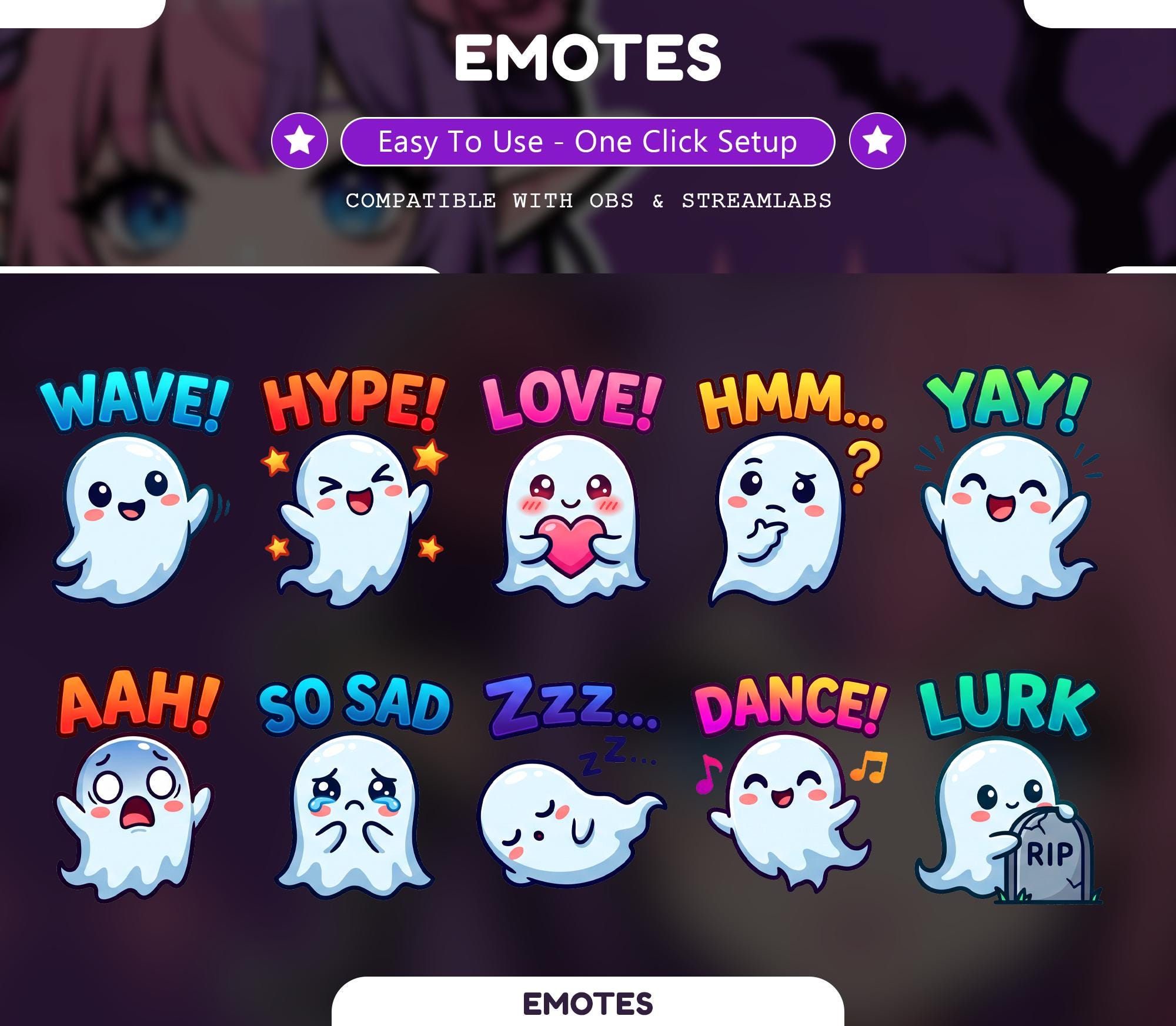 10 Cute Ghost Text Emotes, Twitch Emotes, White Ghost Chat Emotes for Streamers, Discord Emotes, Chibi Ghost Emote Pack - animated ghost Twitch stream overlay pack cover