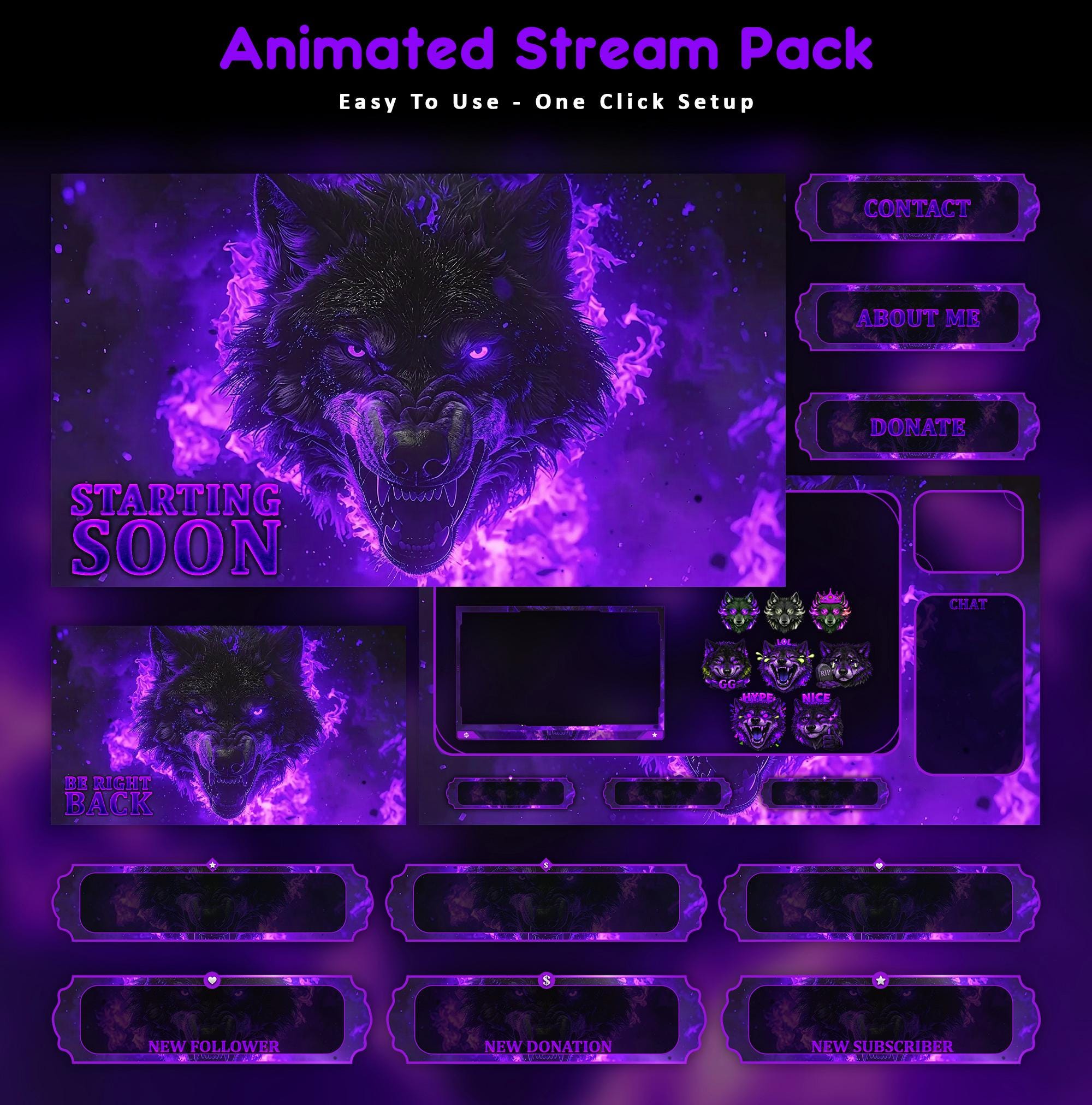Inferno Wolf Animated Stream Package: For Twitch Overlay, YouTube, Kick | Purple Wolf Overlays - animated preview