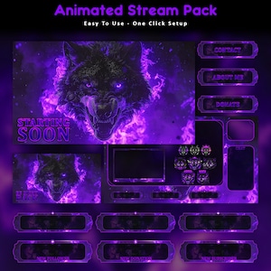 May include: Animated stream pack with a purple and black wolf theme. Includes animated overlays, alerts, and panels. The text "Animated Stream Pack" and "Easy To Use - One Click Setup" are visible. Panels include "Contact", "About Me", and "Donate".