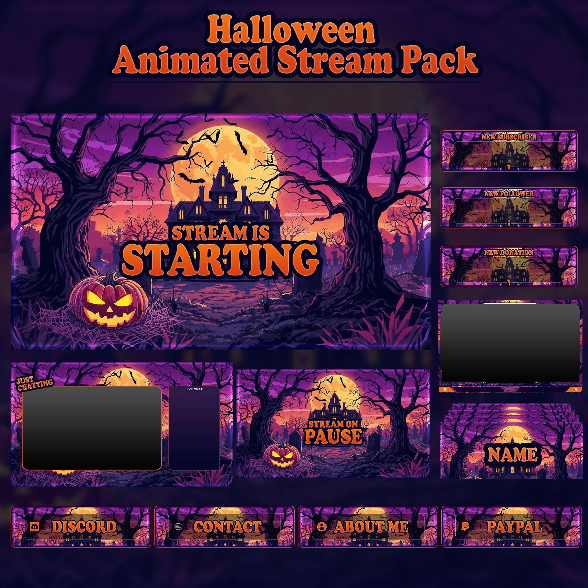 Halloween Animated Stream Package : For Twitch Overlay, YouTube, Kick, Facecam, Panels, Alerts, Stream Overlays - animated preview