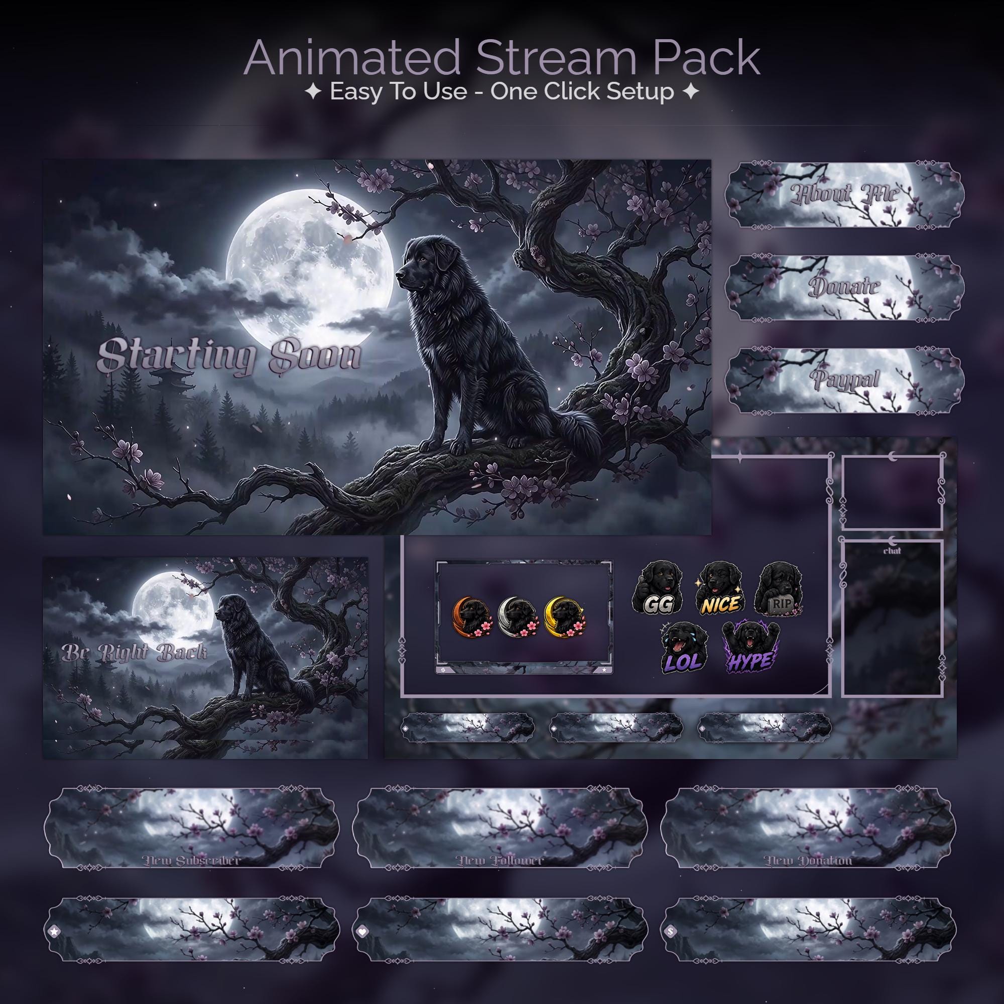 Mystic Moonlight Dog Overlay Animated Stream Package: For Twitch, YouTube, Kick | Gothic Dog overlays - animated preview