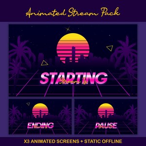 Sunset Synthwave Animated Stream-paket: För Twitch Overlay, YouTube, Kick, Facecam, Alerts, Retro Overlay bild 2