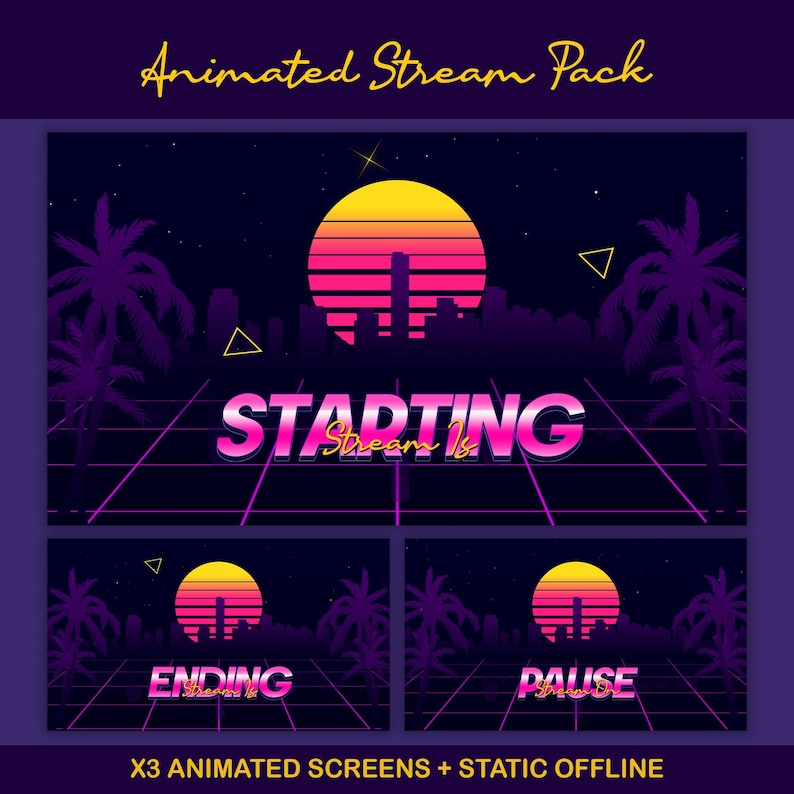 Sunset Synthwave Animated Stream-paket: För Twitch Overlay, YouTube, Kick, Facecam, Alerts, Retro Overlay bild 2