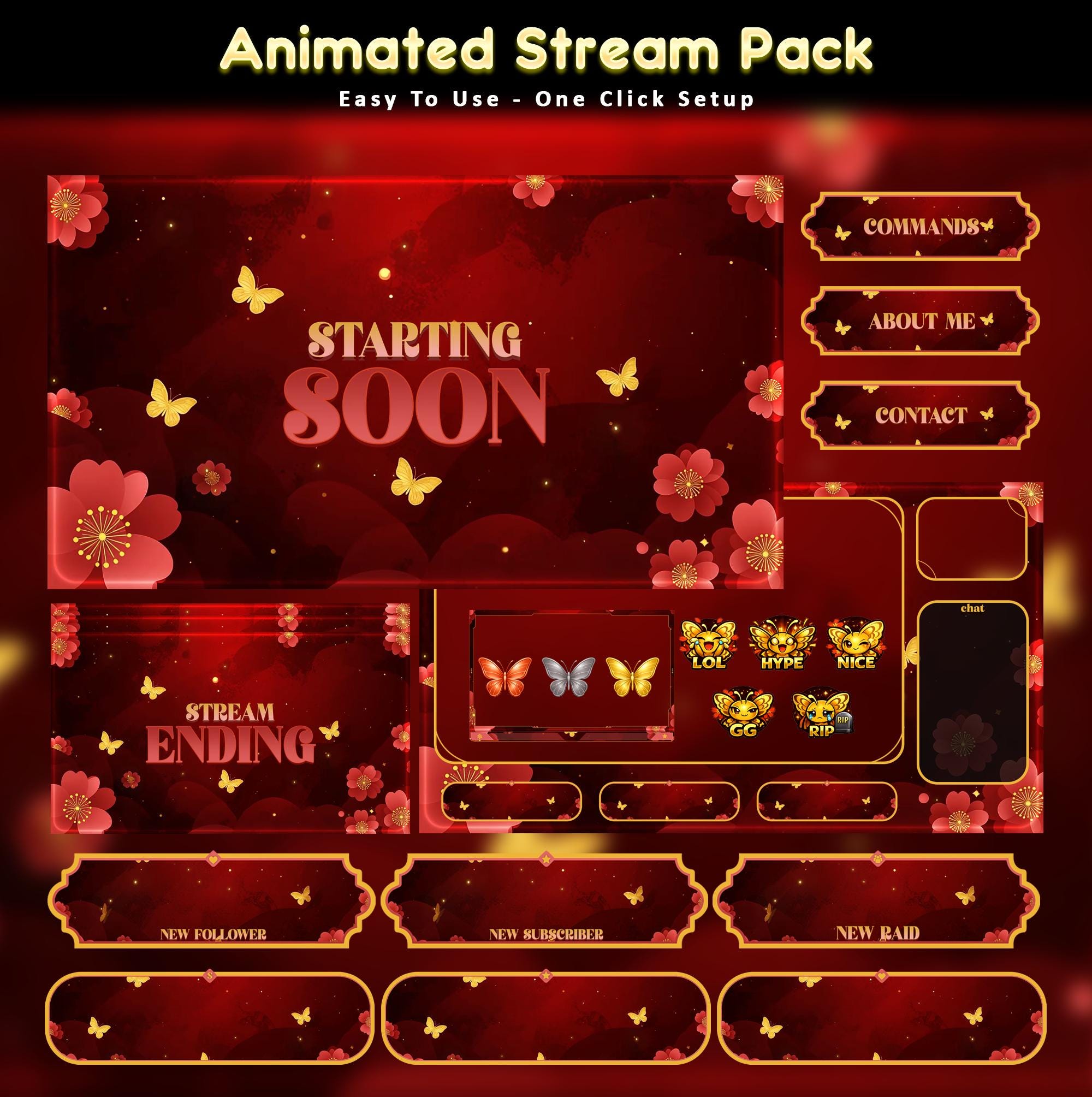 Crimson Bloom Animated Stream Package: For Twitch Overlay, YouTube, Kick | butterfly Overlays - animated preview
