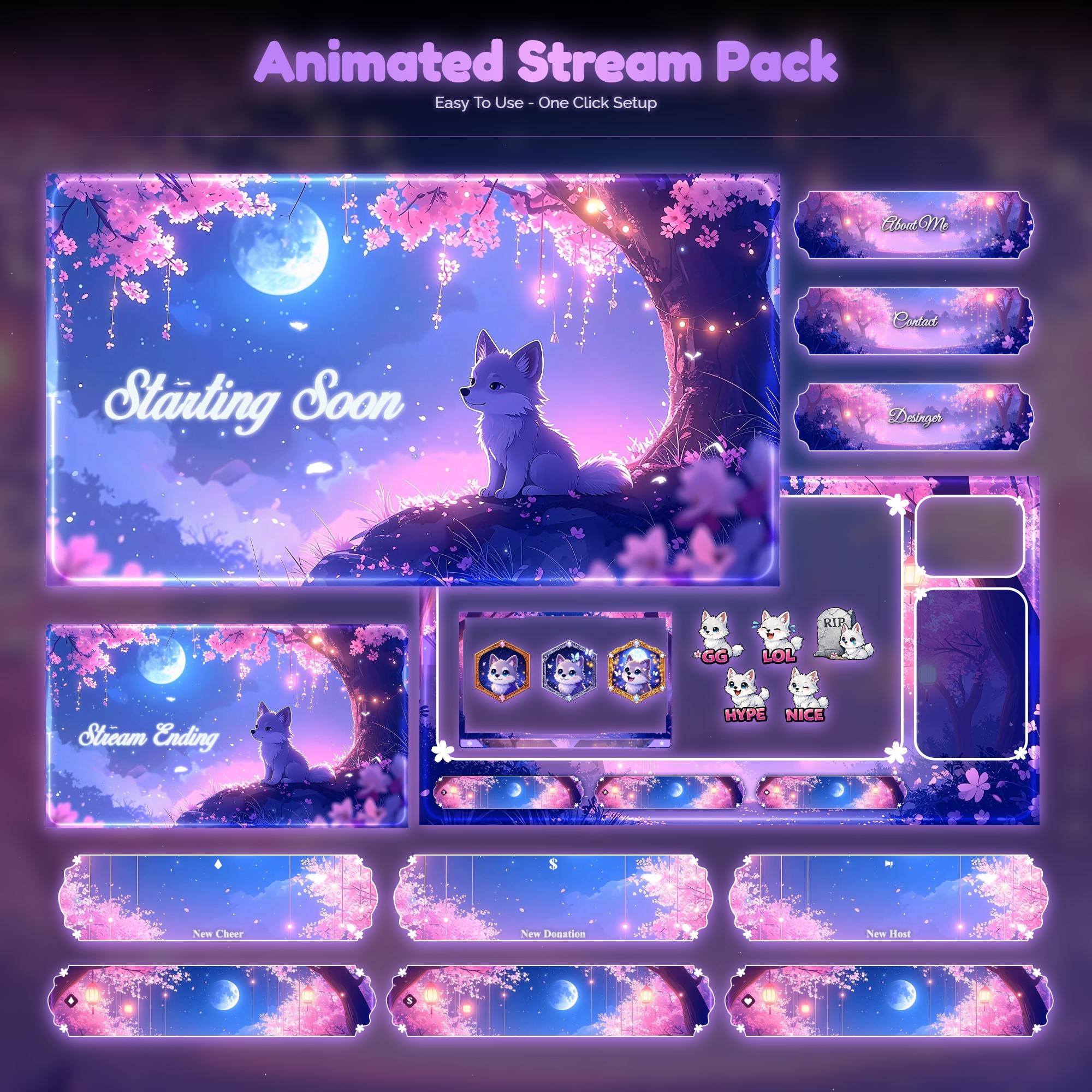 Sakura Dream wolf Overlay Animated Stream Package: Twitch, YouTube, Kick | wolf Overlays - animated preview