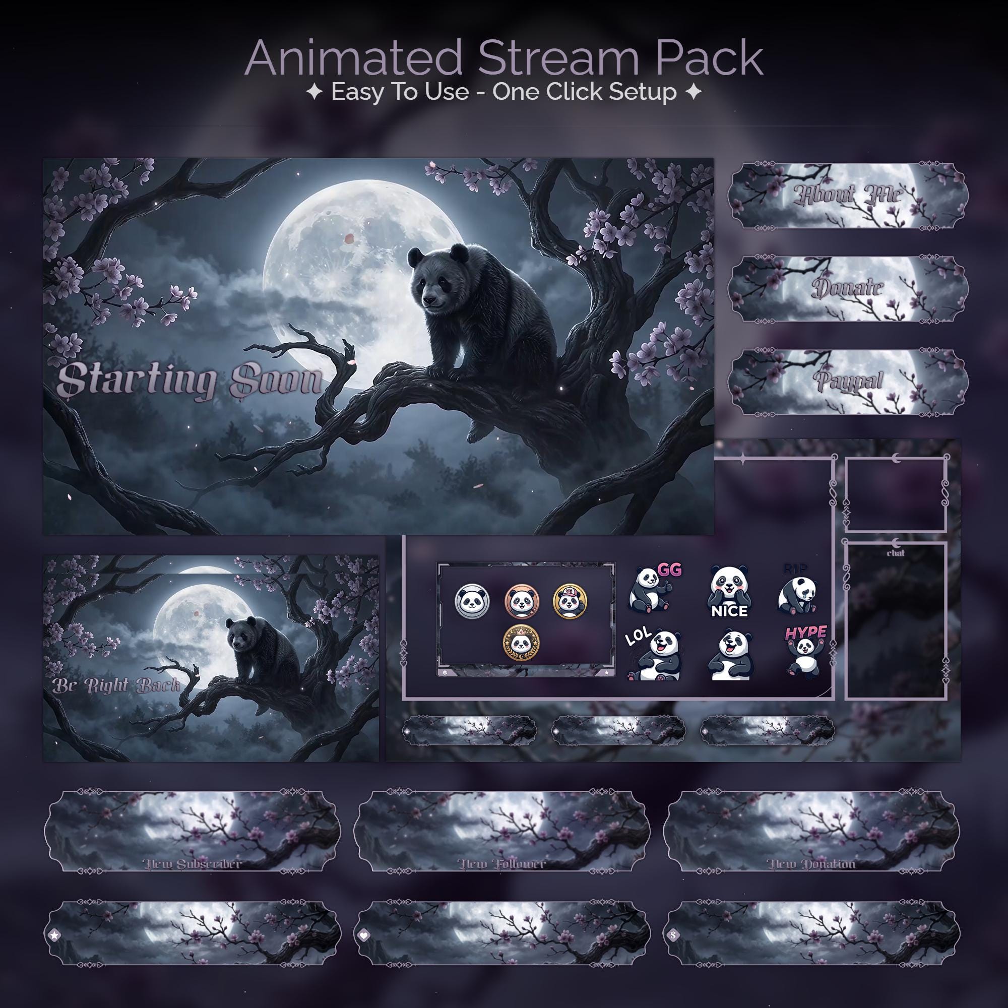 Mystic Moonlight Panda Overlay Animated Stream Package: For Twitch, YouTube, Kick | Gothic Panda overlays - animated preview