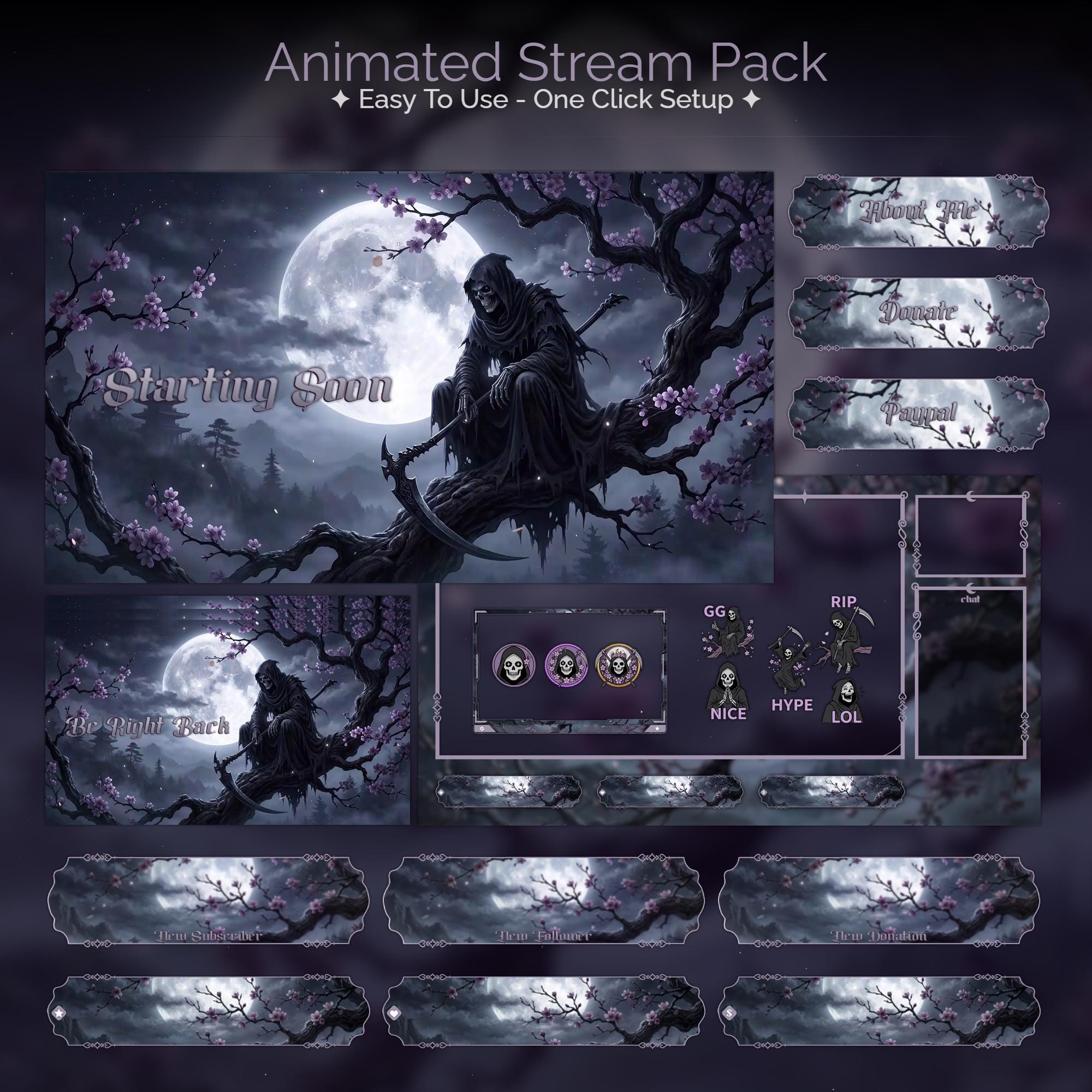 Mystic Moonlight Reaper Overlay Animated Stream Package: For Twitch, YouTube, Kick | Gothic Reaper overlays - animated preview