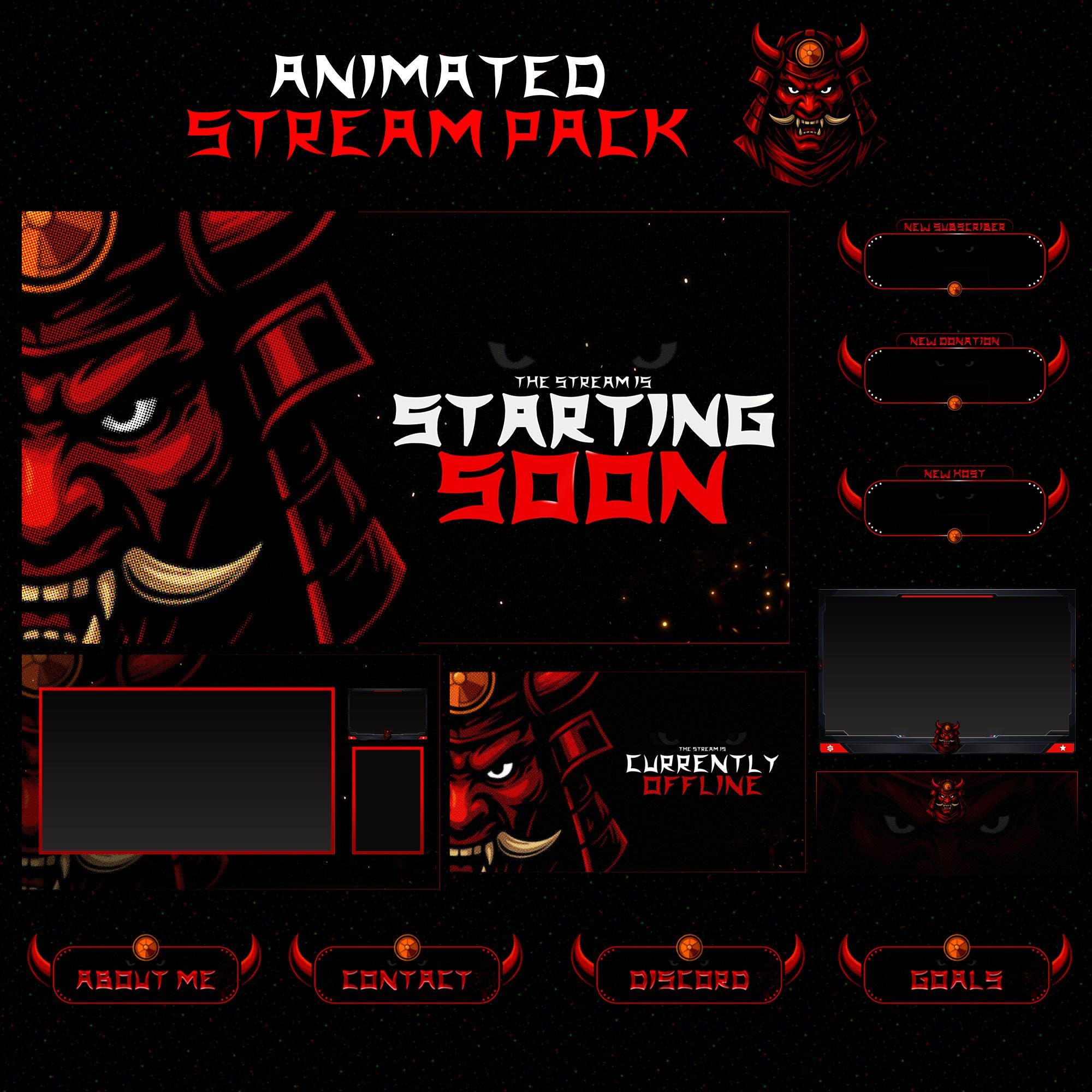 Samurai Animated Stream Package: For Twitch Overlay, YouTube, Kick | Facecam, Panels, Alerts, Stream Overlays - animated preview
