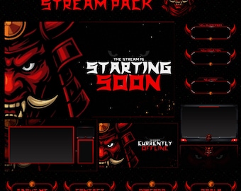 May include: Animated stream pack with a red and black theme. The design features a samurai mask illustration and text that reads "Animated Stream Pack", "The Stream is Starting Soon", and "Currently Offline". Includes various overlay elements.