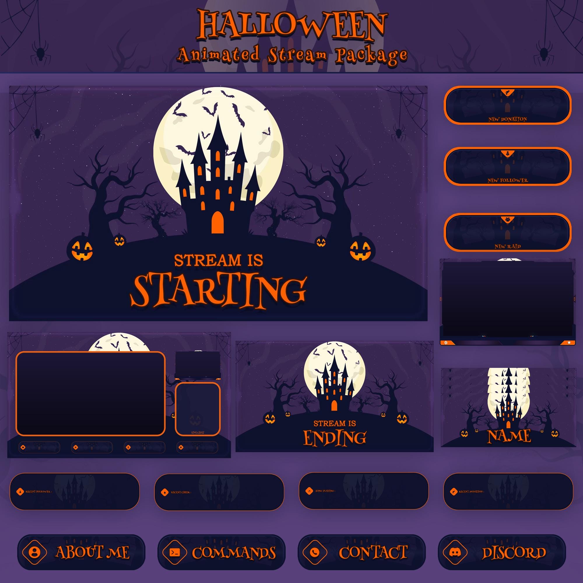 Halloween Night Animated Stream Package : For Twitch Overlay, YouTube, Kick, Facecam, Panels, Halloween Overlays - animated preview