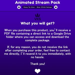 Puede incluir: Un gr&aacute;fico p&uacute;rpura con texto blanco que anuncia un "Animated Stream Pack". El texto incluye "Easy To Use - One Click Setup" y detalles sobre la recepci&oacute;n de un archivo PDF con un enlace de Google Drive despu&eacute;s de la compra. La imagen tambi&eacute;n dice "What you will get?"