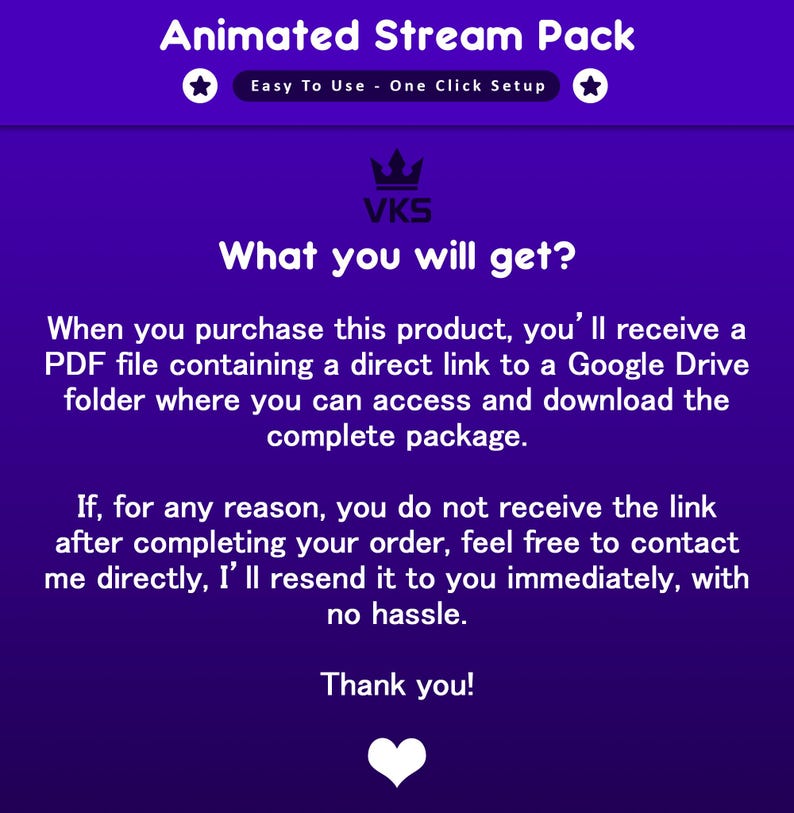 Puede incluir: Un gr&aacute;fico p&uacute;rpura con texto blanco que anuncia un "Animated Stream Pack". El texto incluye "Easy To Use - One Click Setup" y detalles sobre la recepci&oacute;n de un archivo PDF con un enlace de Google Drive despu&eacute;s de la compra. La imagen tambi&eacute;n dice "What you will get?"