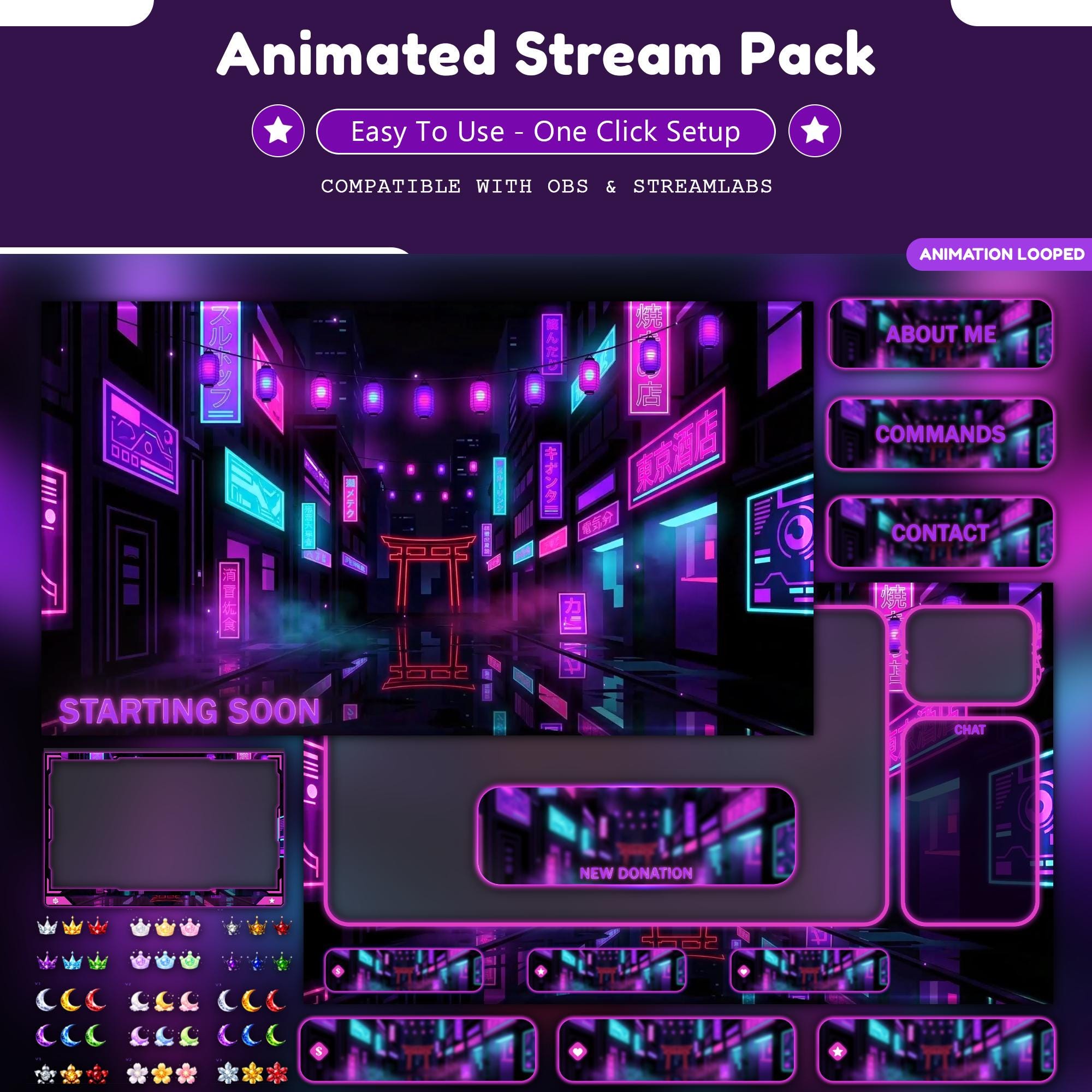 Dark Neon Alley Animated Stream Overlay: For Twitch | Retro Night Vibe | Japanese | Purple Glow Overlays - animated preview